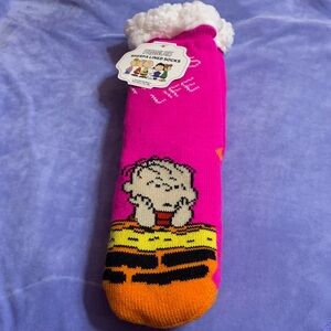 Peanuts Pink Fuzzy Socks with Charlie Brown Design